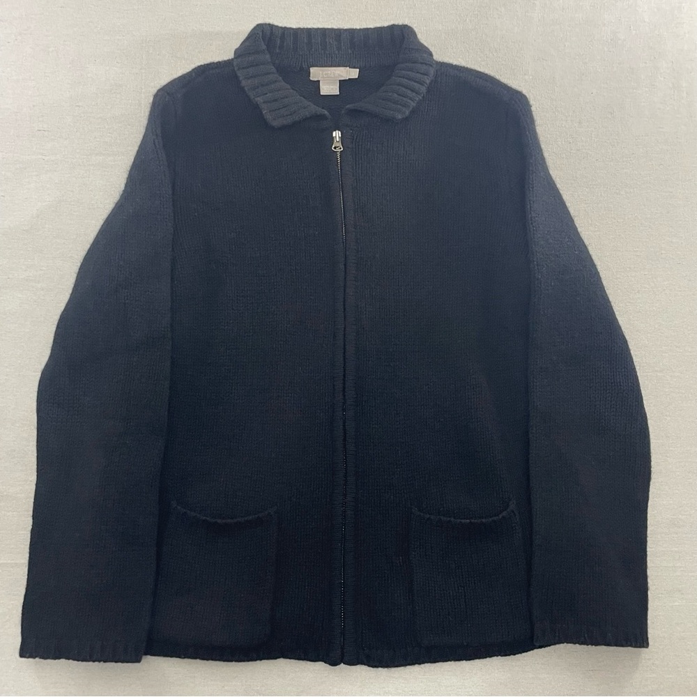 Vtg J Crew 100% Wool Women's Lg Full Zip Chunky Knit Cardigan Sweater Black